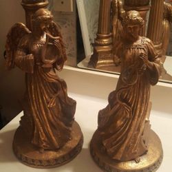 Set of 16" Gold Angel Pillar Candle Holder Statues