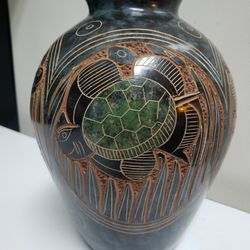 Costa Rican etched pottery turtles signed Franklin Calero