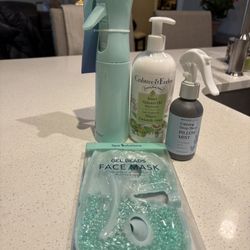 Crabtree & Evelyn Sweet Almond Oil Body Lotion, a calming pillow mist bottles & gel beads face mask