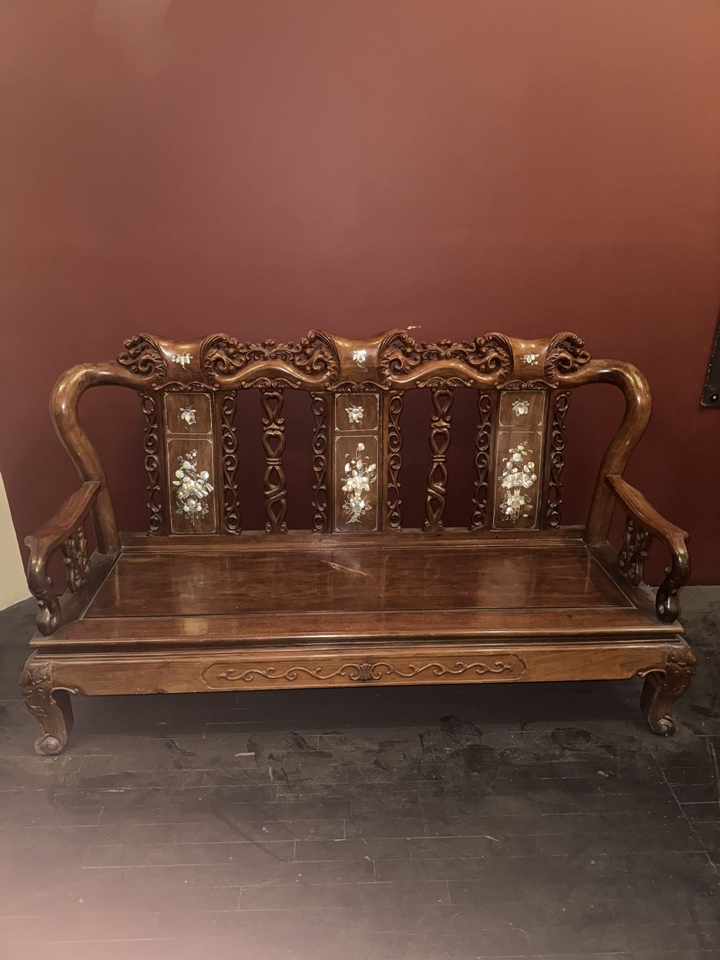 Antique Wooden Asian Bench and Chair Set with Mother of Pearl Design.