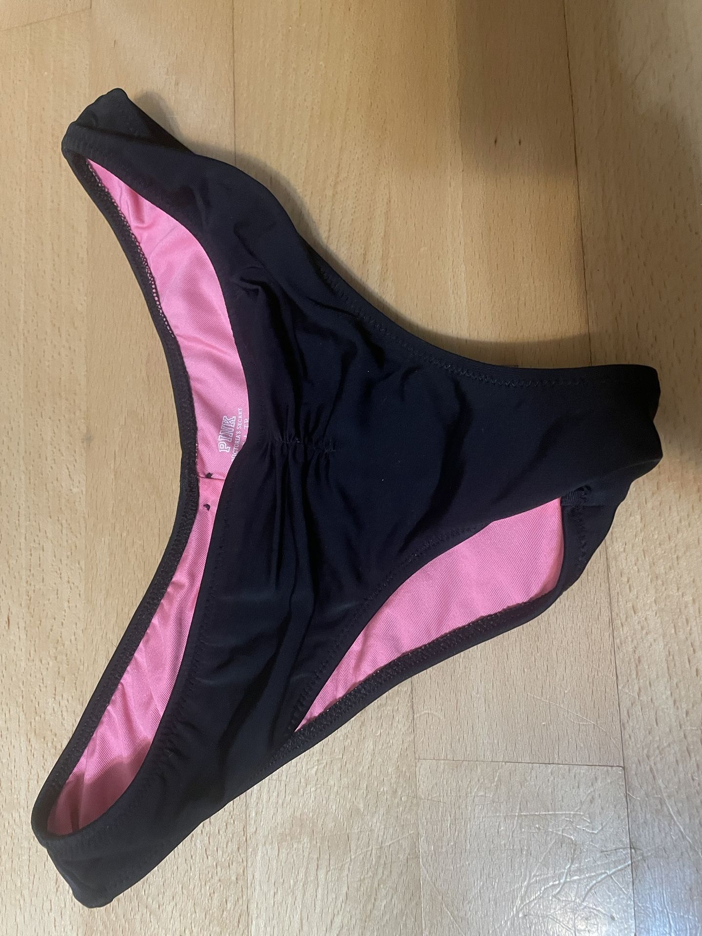 Used Pink Victoria’s Secret Bikini Bottoms, Black In Color