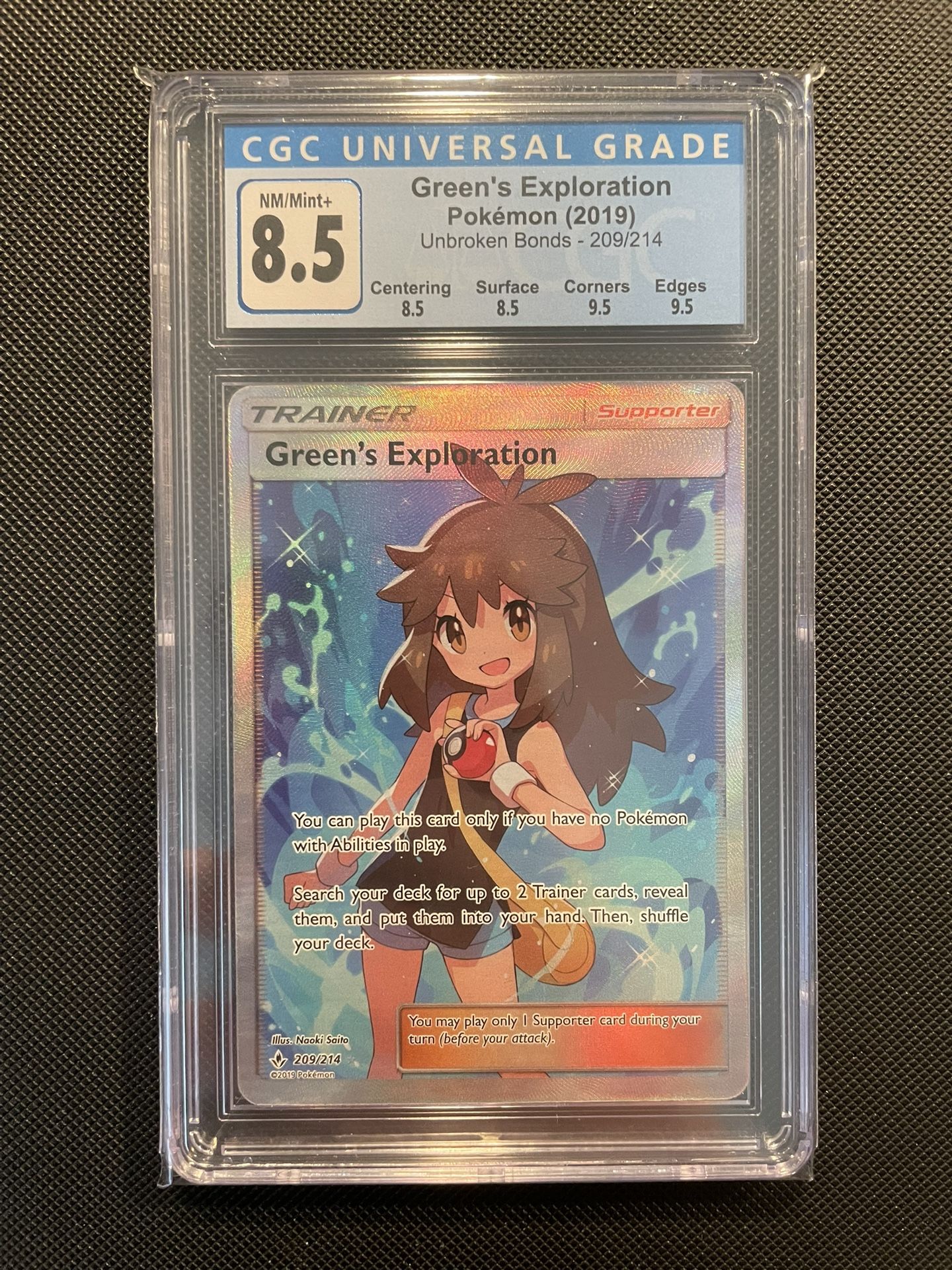 Green’s Exploration Full Art CGC Graded 8.5 *MINT* Pokémon Trainer Sun & Moon Unbroken Bonds 209/214 Pokemon Slab PSA BGS 2019 Greens