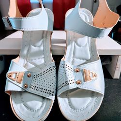 Light Blue Wide Crisscross Strap Heeled Sandals Shoes 11.5 43