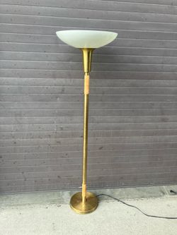 Mid Century Modern Brass & Maple Floor Torchiere Lamp w/ Fiberglass Shade