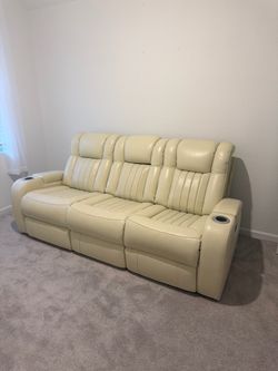 Cream Leather Power Reclining Sofa