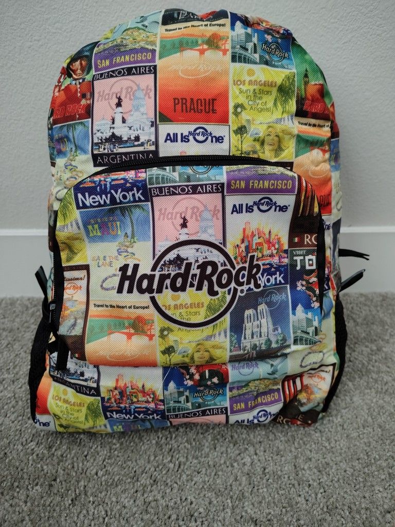 New Hard Rock Backpack Multicolor Graphic 'Travel' Poster Print Logo Canvas Fold Up