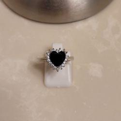 Silver CZ and Onyx Heart Ring Size 7