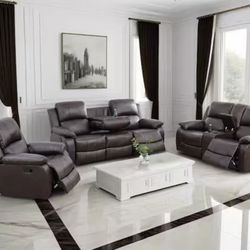 Brown Leather Fully Reclining Three Piece Couch Set 