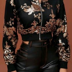 Women's Flower Gold SEQUIN Zip Up Bomber Jacket