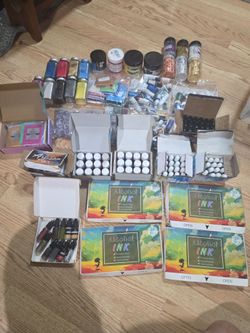 huge lot of resin crafting supplies alcohol ink, mica powder, holographic glitter and more