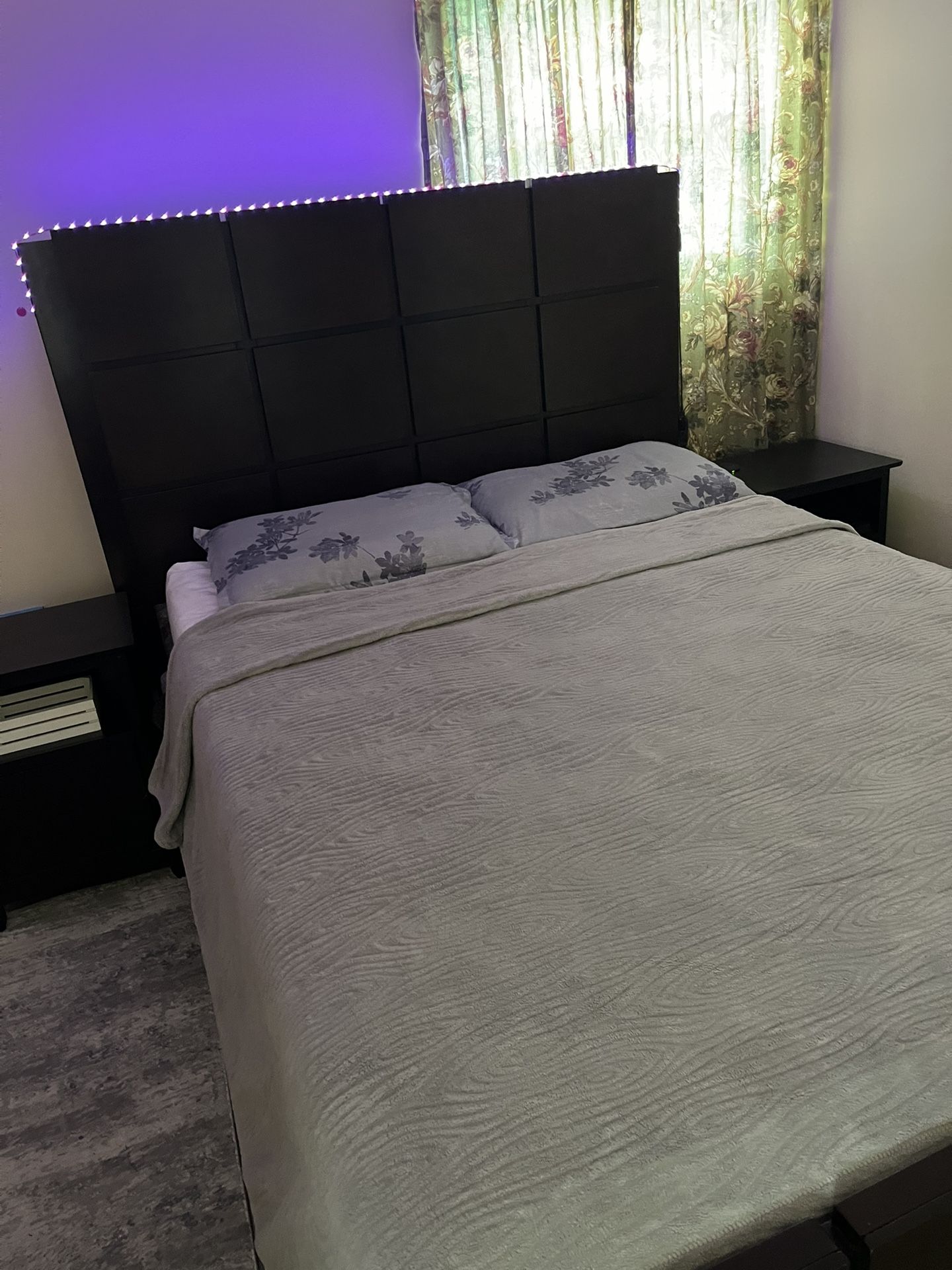 Queen Bed AND Two Nightstands,Office Table with Chair,and Two Wall Pictures.