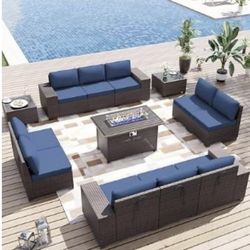 13pc Outdoor Rattan Patio Furniture + Propane Firepit