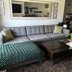 West Elm Grey Tufted L-Shaped Couch & Grey/White Flower Chair