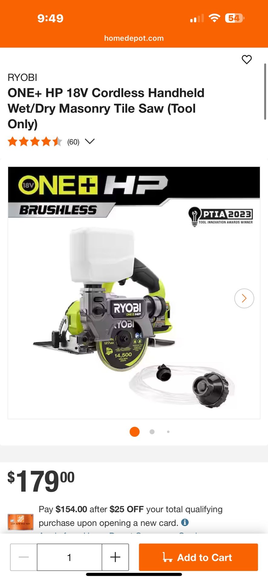 Ryobi ONE+ HP 18V Cordless Handheld Wet/Dry Masonry Tile Saw (Tool Only)