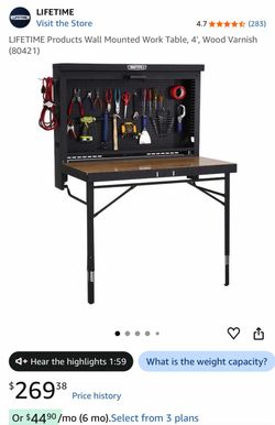 Lifetime Wall-Mounted Work Table 4’ – Folding Workbench w/ Pegboard