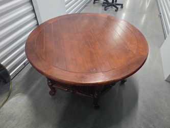 Round Solid Wood Coffee Table with Wicker Bottom Shelf – 40” Rustic Traditional
