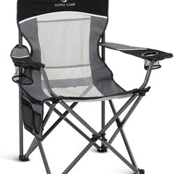 ALPHA CAMP Oversized Mesh Back Camping Folding Chair Heavy Duty Support 350 LBS Collapsible Steel Frame Quad Chair Padded Arm Chair with Cup Hol