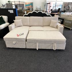 Beige Corduroy Sectional Sleeper Sofa With Pull Out Bed