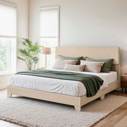 B829 $95  Queen Size Beige Fabric Upholstered Bed Frame with Adjustable Headboard, No Box Spring Needed, Low  Key item features Adjustable Comfort: Th