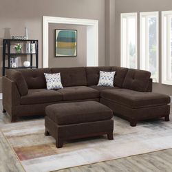 3-Piece Sectional Set W/ Ottoman 3pc Reversible Sectional Sofa Set W/ Ottoman-Dark Coffee  Color: Dark Coffee