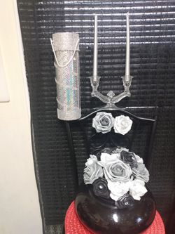$50 Black/White/ Silver-Gray roses in Beautiful round black vase, boutonniere, (2) long Silver candles + crystal holders, rhinestones Wine gift box.