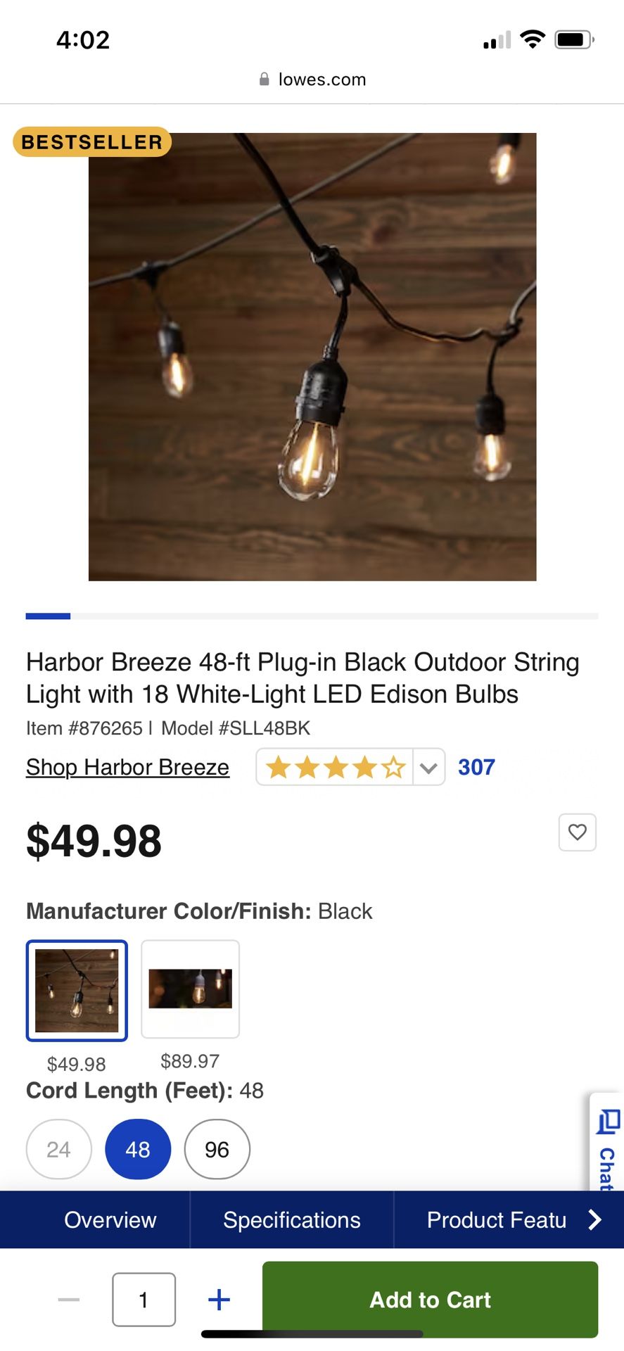 Harbor Breeze 48-ft Plug-in Black Outdoor String Light with 18 White-Light LED Edison Bulbs