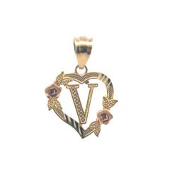 Woman’s Ladies 10k Tricolor Rose White Yellow Gold Initial V In A Heart Charm Pendant For Necklace GP3133653