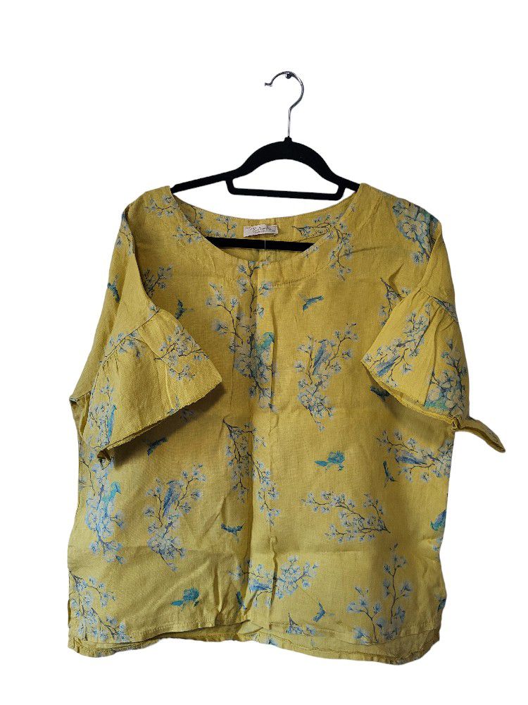 Bellambia Yellow Tunic Top Italy yellow linen floral Bell Sleeves Size Medium.
