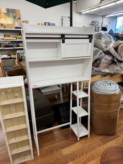 White Ladder Shelf with Sliding Barn Door Cabinet