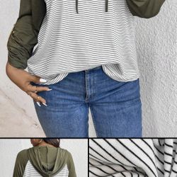 SHEIN LUNE - Women's Plus Size Spring & Fall Striped Contrast Color Drawstring Hooded Casual T-Shirt Green Long Sleeves Woman/Fall /Women Tops Airport