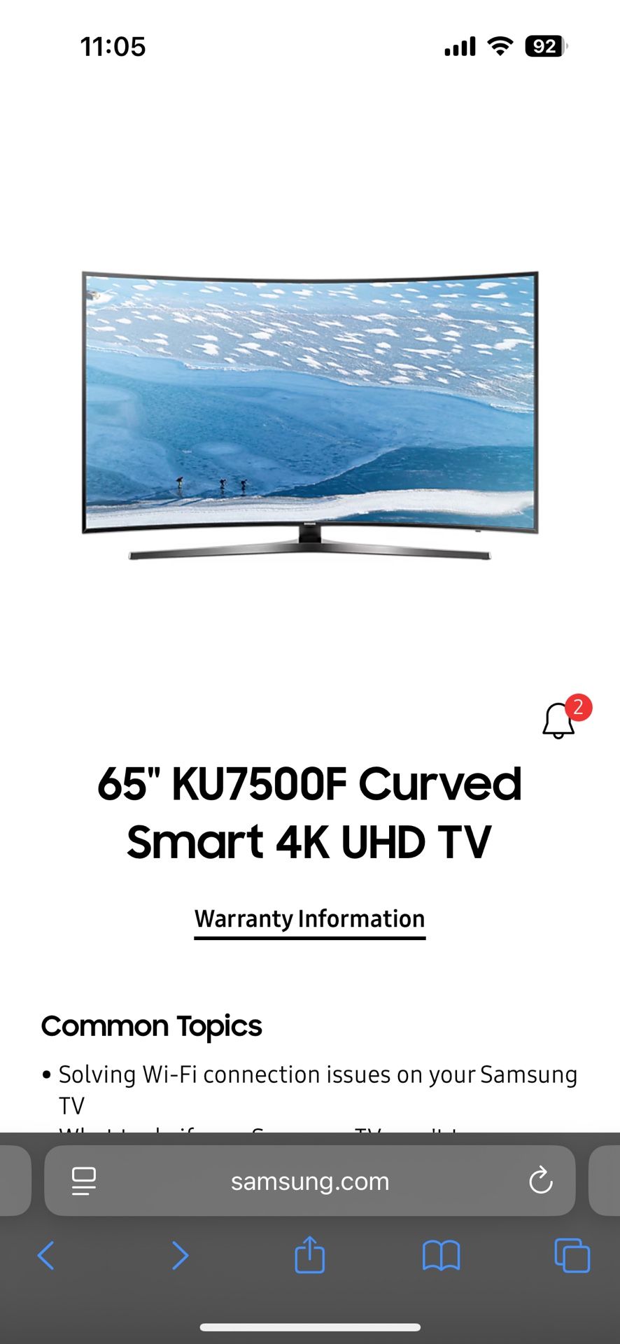 65" KU7500F Curved Smart 4K UHD TV