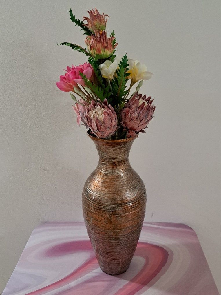 21" Antiqued Vase with Faux Florals (Cactus Flower / Plumeria) @ Lasting Creations