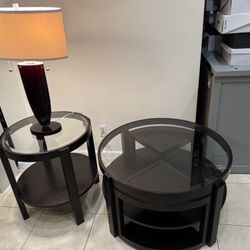Coffee Table with Glass Top and Pull Out Rolling Tables with Matching End Table with Glass Top and Lamp 