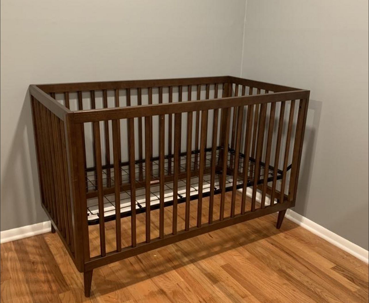 Walnut Wood Baby Crib Bed With Mattress