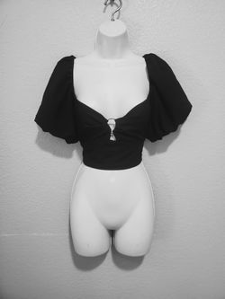 Forever 21 Black Puff Sleeve Smocked Crop Top Size Large 