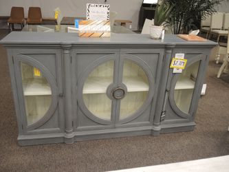 Steven Shell Wellington Credenza with Glass Door - Weathered Gray-Blue Painted Finish | Cabinet | Cupboard