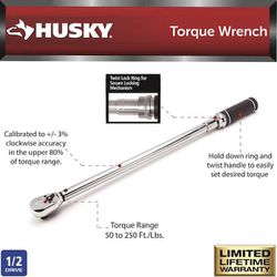 Husky 1/2" 250 Lbs Torque Wrench! NEW!