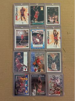MICHAEL JORDAN LOT:  (12)-Cards!!! “89”-Fleer, Hoop’s Upper Deck (2)-In-Flight, Skybox-Point Men, Topp’s, Fleer Ultra! Most Stored in Magnetic Cases👇