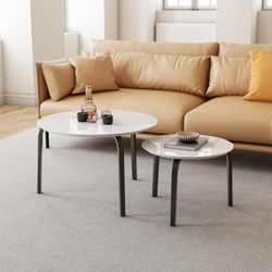 Nesting Table Set of 2, Round Coffee Table Set for Living Room with Metal Frame, Marble Pattern Nesting Table, White Non-Slip Circle Coffee Table for 