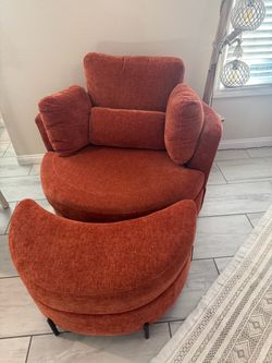 Oversized Swivel Accent Chair & Ottoman — Rust/Terracotta Chenille