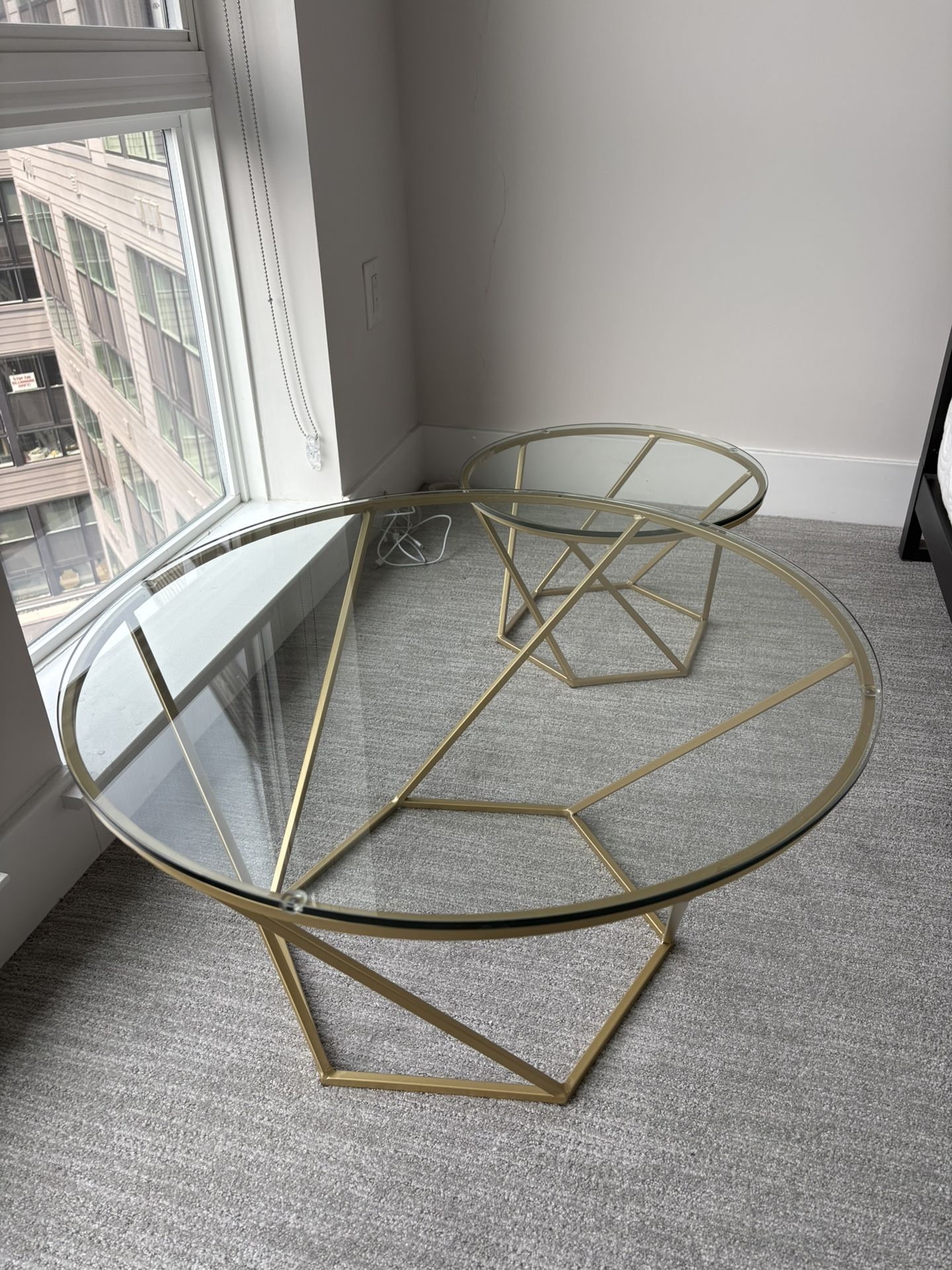 2-Piece Modern Glass Coffee Table + Side Table Set – Gold & Glass – $80