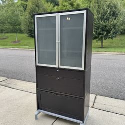 Tall Dark Wood Cabinet w/ Glass Doors – 68.5”H