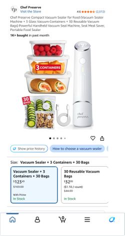 Chef Preserve Compact Vacuum Sealer for Food (Vacuum Sealer Machine + 3 Glass Vacuum Containers + 30 Reusable Vacuum Bags) Powerful Handheld Vacuum Se