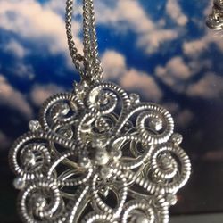 Vintage Gorgeous Very Fine Genuine Real Diamonds Designer LG .925 Sterling Silver Necklace New Conditions