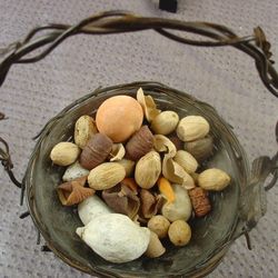 Decorative Metal Bird Basket With Assorted Nuts/shells IN It W/handle