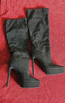 Sun Gurg Women's Thigh High Rhinestone Platform Stiletto Boots – Size 9, Black