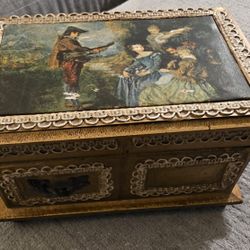 Vintage Wood Music Box Antoine Watteau Silk Print Le Foret d’Amour Music - Japan