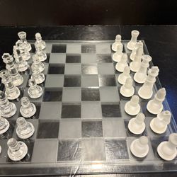 Glass Chess Set Clear / Frosted  Board Measures 14” Square and King is 3”