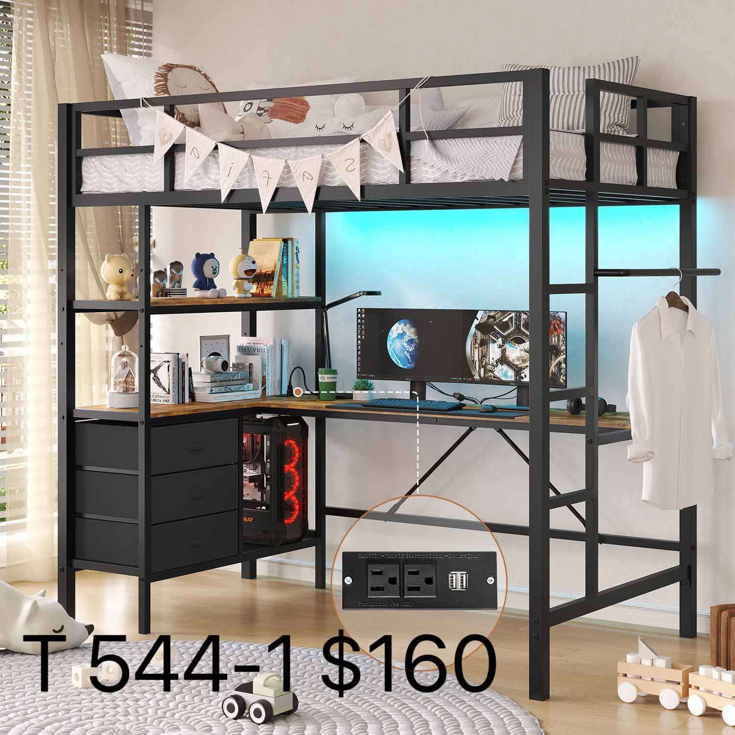 LED Metal Twin Size Loft Bed Frame With L Shaped Desk Black(544-1)