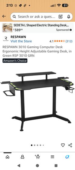 RESPAWN 3000 HEIGHT ADJUSTABLE COMPUTER DESK. GAMING DESK. SEE DESCRIPTION BELOW